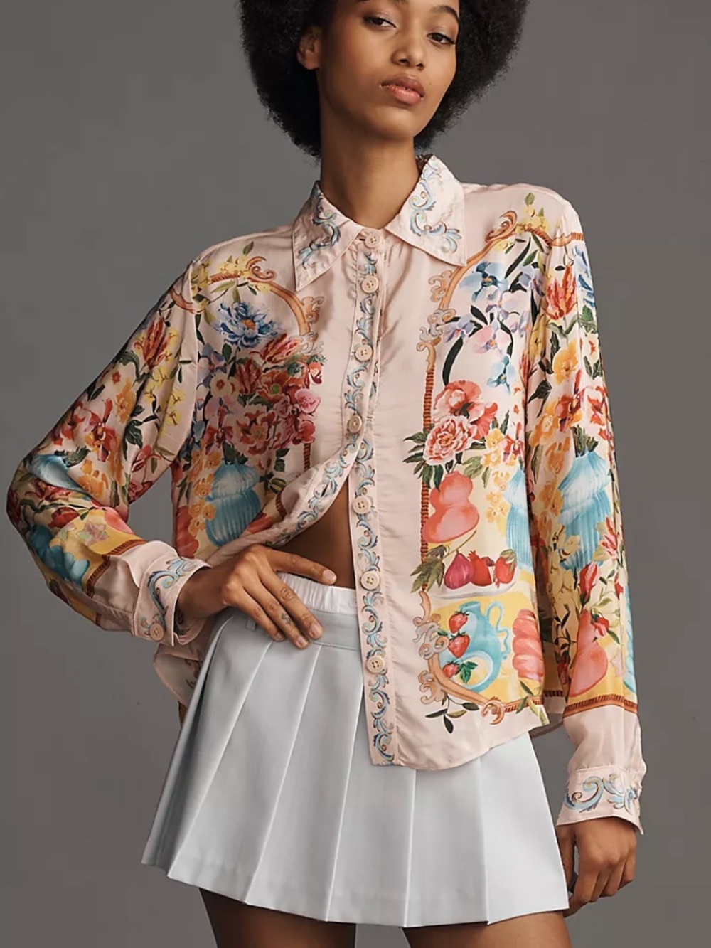 Farm Rio Garden Terrace Floral Long Sleeve Collared Buttondown Shirt XL NEW